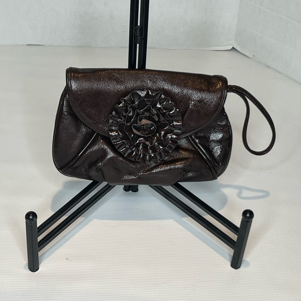 Loeffler Randall Brown Leather Clutch with Floral Embellishment